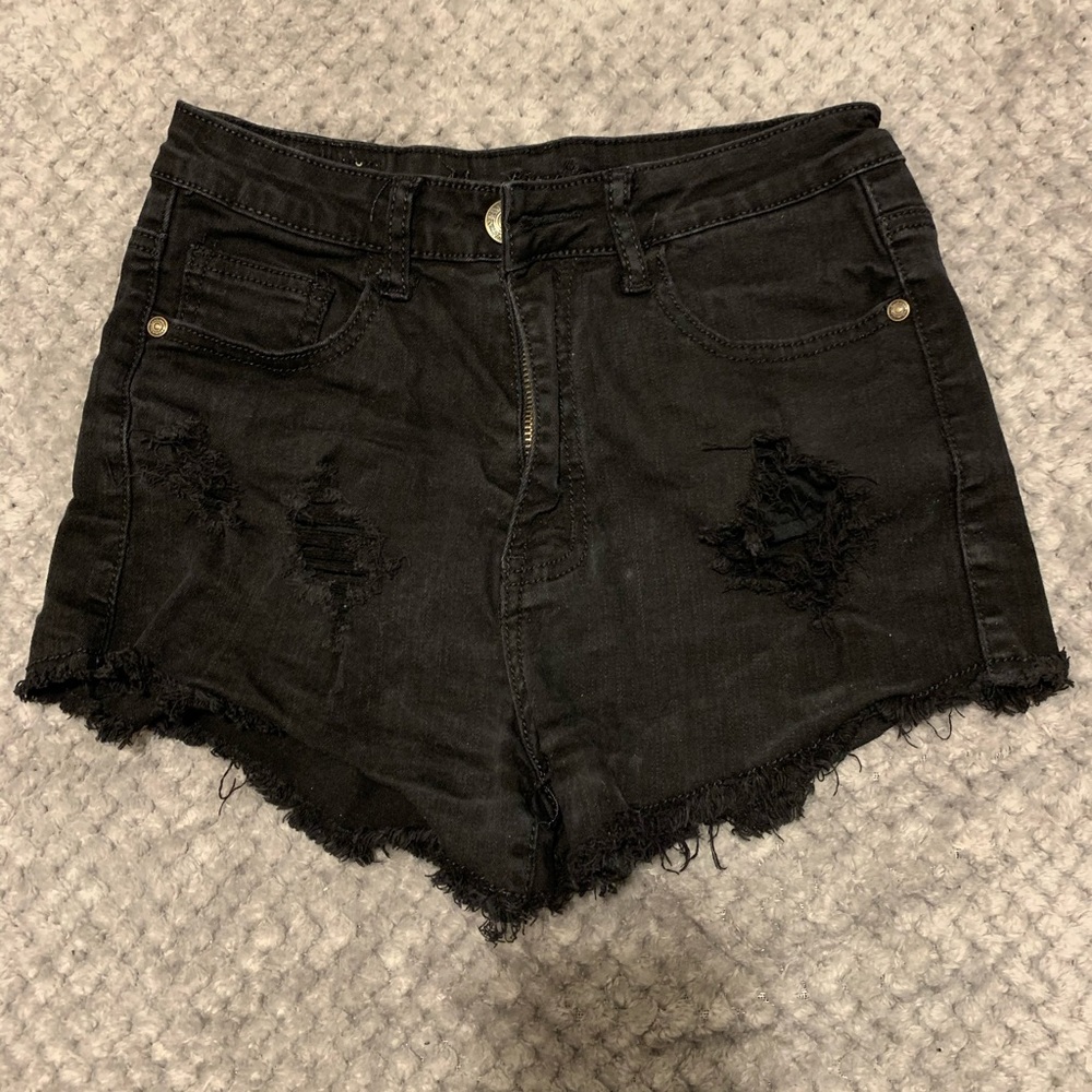 Black distressed high waisted jean shorts